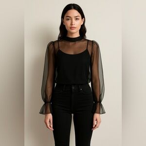 Hers & Mine Black Sheer Puffy Belle Sleeve Top - S